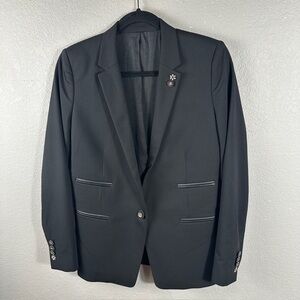 The Kooples Black Single Button Lamb Skin Leather Trim Embellished Blazer